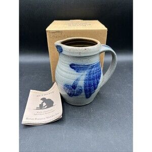 Rowe Pottery Works Blue Bird Jug Pitcher Salt Glaze 1985 Farmhouse Primitive 5"